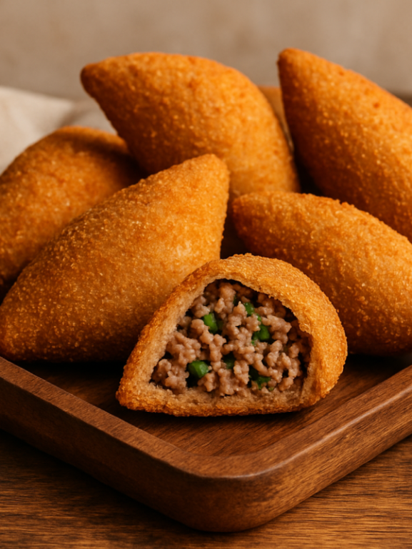 risoles integral da Fer dourados e crocantes em bandeja de madeira, com um cortado ao meio mostrando o recheio de carne moída