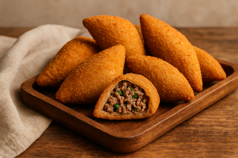 risoles integral da Fer dourados e crocantes em bandeja de madeira, com um cortado ao meio mostrando o recheio de carne moída