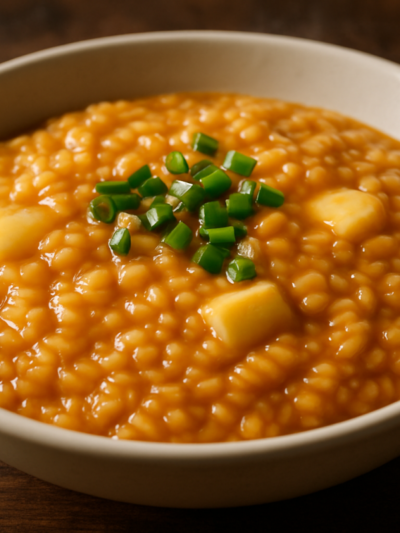 Risoto de linguiça com provolone cremoso servido em prato fundo com cebolinha verde