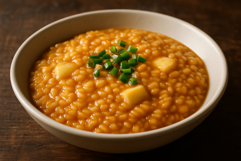Risoto de linguiça com provolone cremoso servido em prato fundo com cebolinha verde