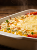 risoto fácil de pizza com mussarela derretida e dourada em refratário branco, salpicado de orégano