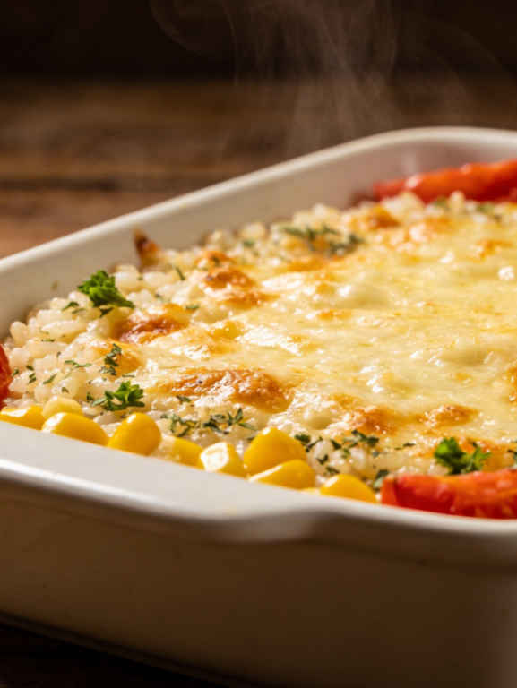 risoto fácil de pizza com mussarela derretida e dourada em refratário branco, salpicado de orégano