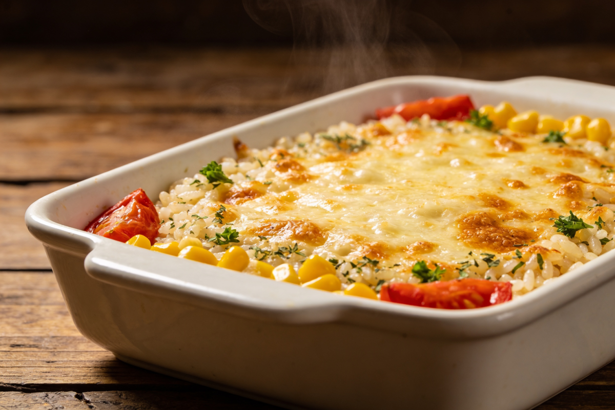 risoto fácil de pizza com mussarela derretida e dourada em refratário branco, salpicado de orégano