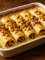 rondeli vegetariano cremoso com legumes e palmito em travessa branca coberto com molho de creme de leite e nozes