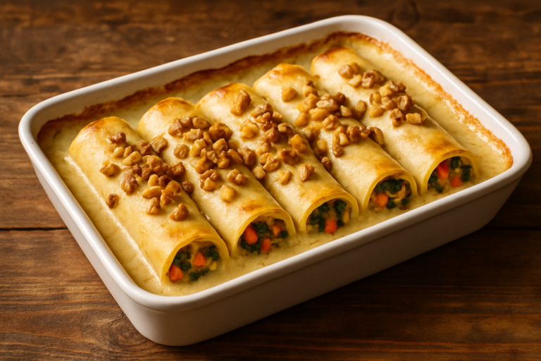 rondeli vegetariano cremoso com legumes e palmito em travessa branca coberto com molho de creme de leite e nozes