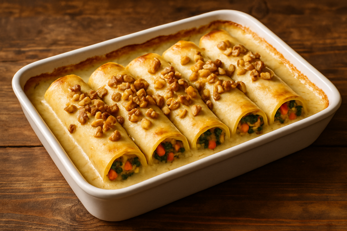 rondeli vegetariano cremoso com legumes e palmito em travessa branca coberto com molho de creme de leite e nozes