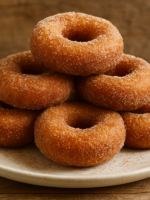 Rosquinha frita caseira coberta com açúcar e canela empilhada em prato branco