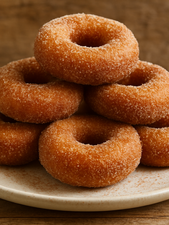 Rosquinha frita caseira coberta com açúcar e canela empilhada em prato branco
