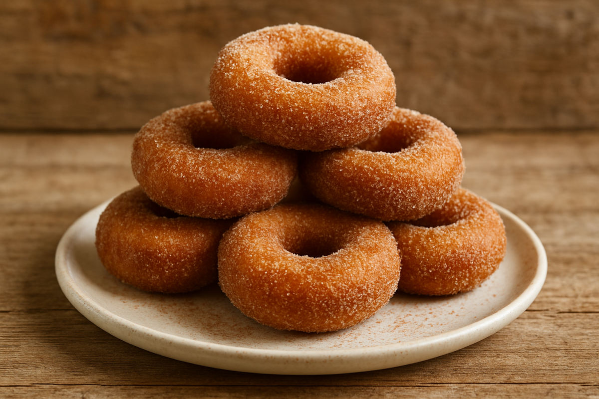 Rosquinha frita caseira coberta com açúcar e canela empilhada em prato branco