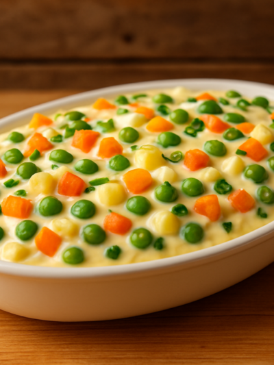 salada com maionese cremosa em travessa branca com cubinhos de batata, cenoura, vagem e ervilhas