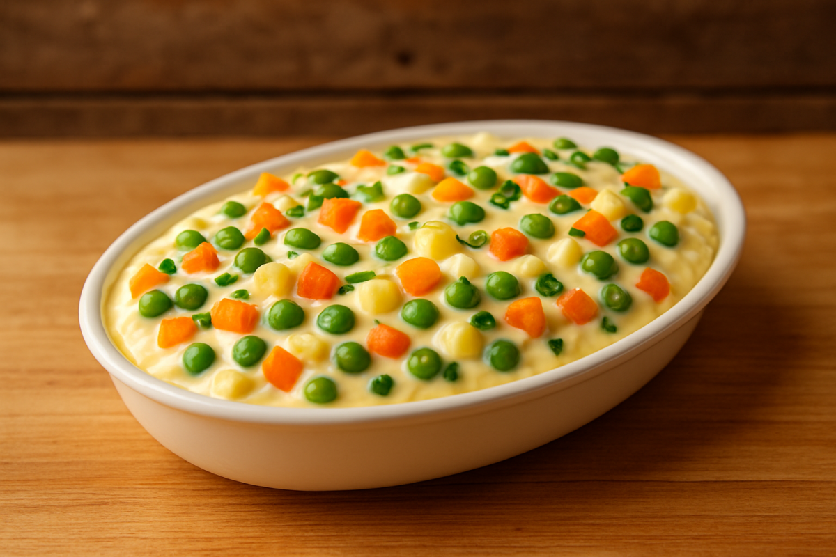 salada com maionese cremosa em travessa branca com cubinhos de batata, cenoura, vagem e ervilhas