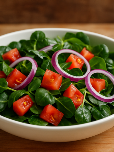 salada de agrião fresca com tomate e cebola roxa em saladeira branca