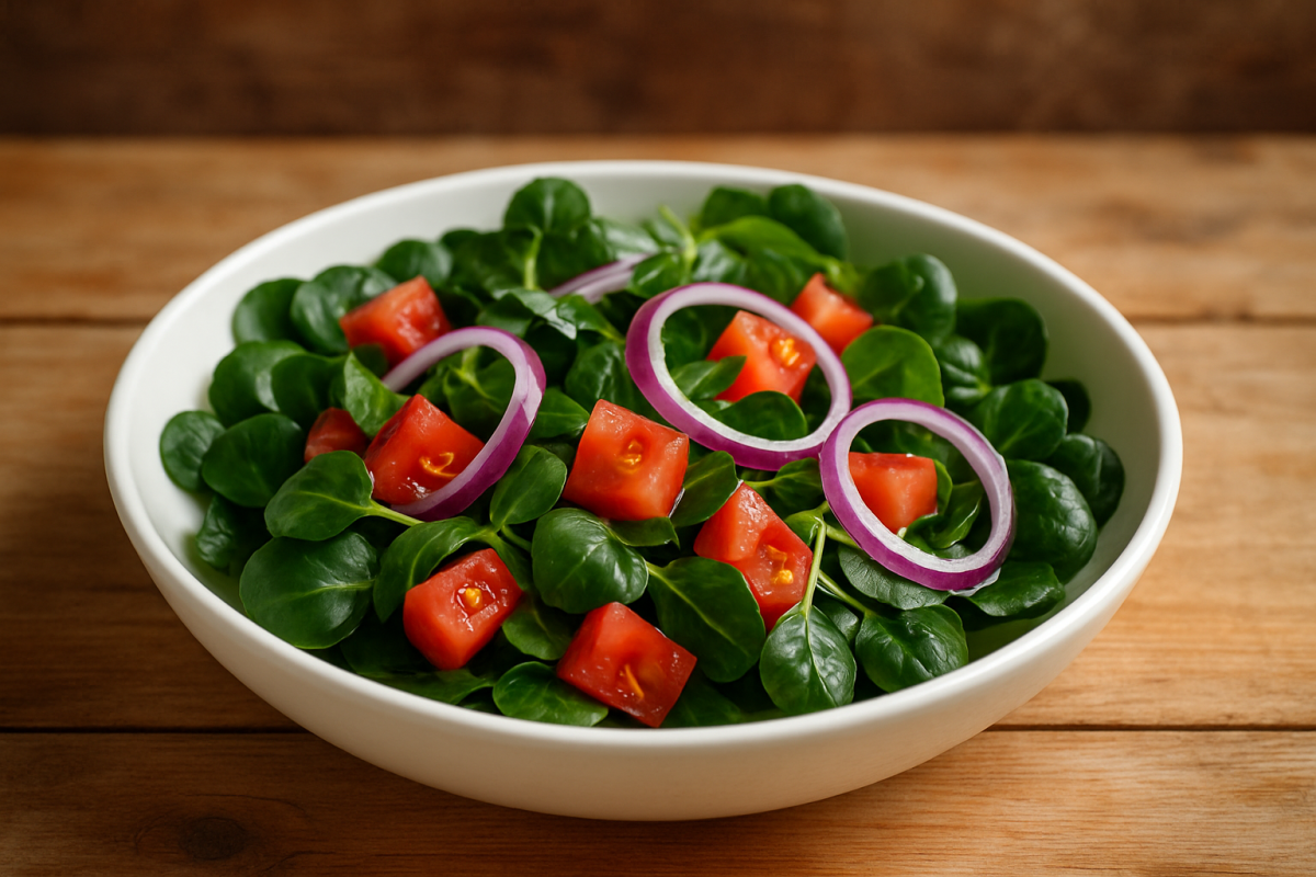 salada de agrião fresca com tomate e cebola roxa em saladeira branca