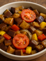 salada de berinjela temperada com pimentão, tomate e azeite em tigela branca