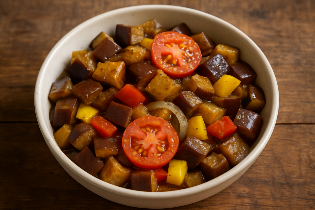 salada de berinjela temperada com pimentão, tomate e azeite em tigela branca