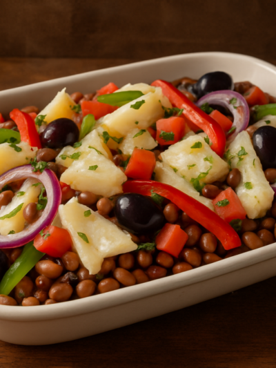 salada de feijão fradinho com bacalhau desfiado, pimentões coloridos, cebola roxa e azeite em travessa rasa