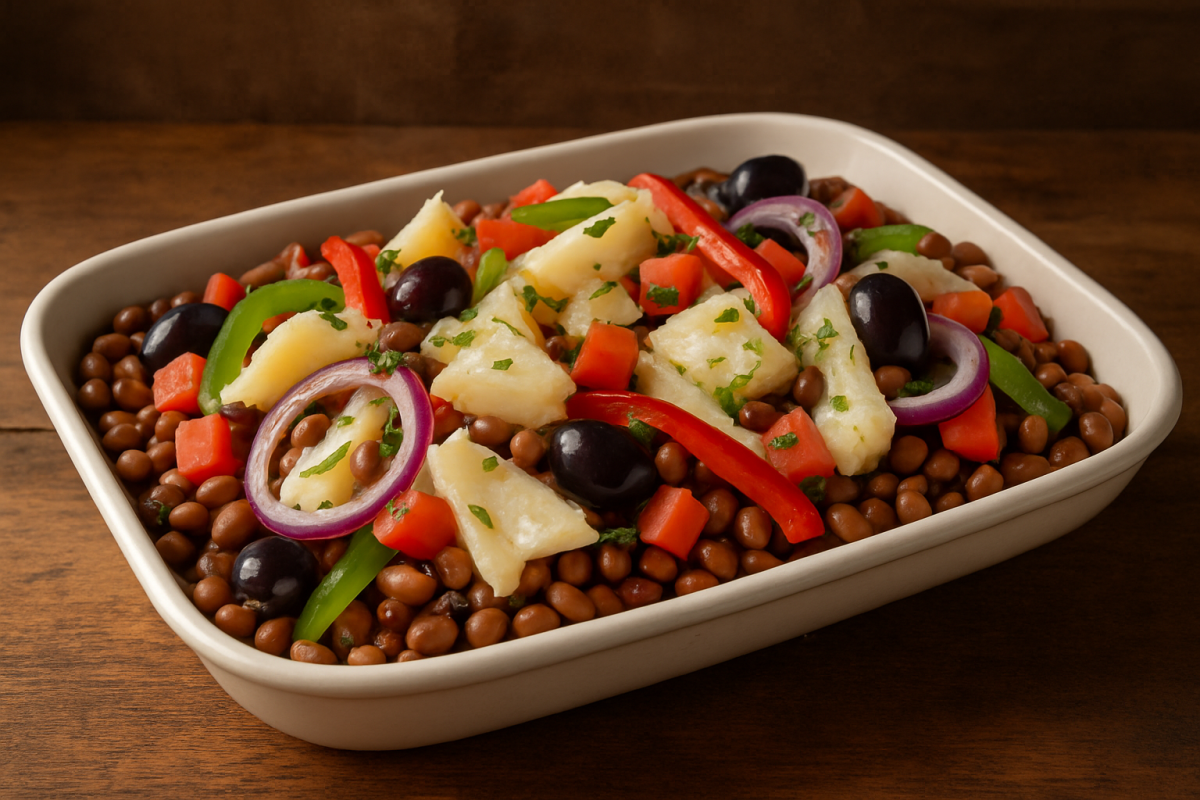 salada de feijão fradinho com bacalhau desfiado, pimentões coloridos, cebola roxa e azeite em travessa rasa