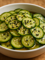 Salada de pepino japonês crocante com gergelim tostado e molho de vinagre de arroz em tigela branca