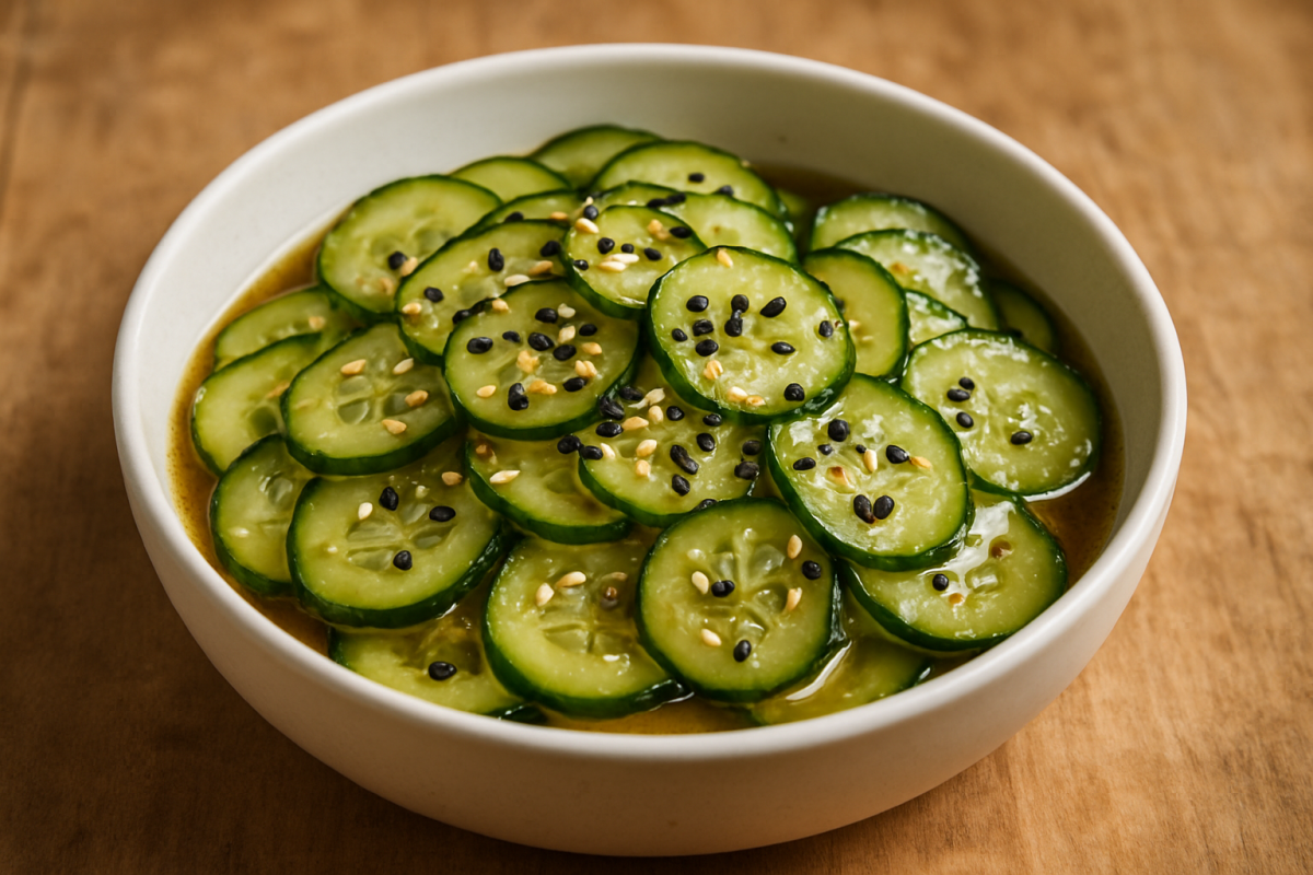 Salada de pepino japonês crocante com gergelim tostado e molho de vinagre de arroz em tigela branca