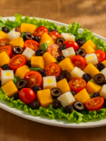 salada de verão colorida com manga, queijo minas, tomates cereja e azeitonas em travessa branca