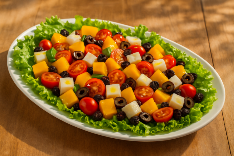 salada de verão colorida com manga, queijo minas, tomates cereja e azeitonas em travessa branca