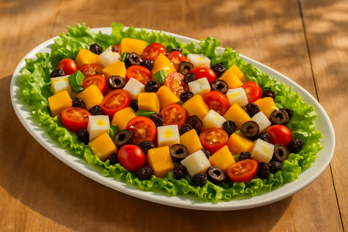 salada de verão colorida com manga, queijo minas, tomates cereja e azeitonas em travessa branca