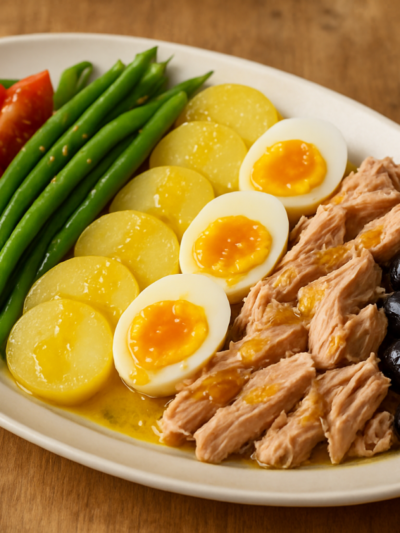 salada francesa clássica com atum, ovo cozido, vagem, batata e azeitonas em travessa branca