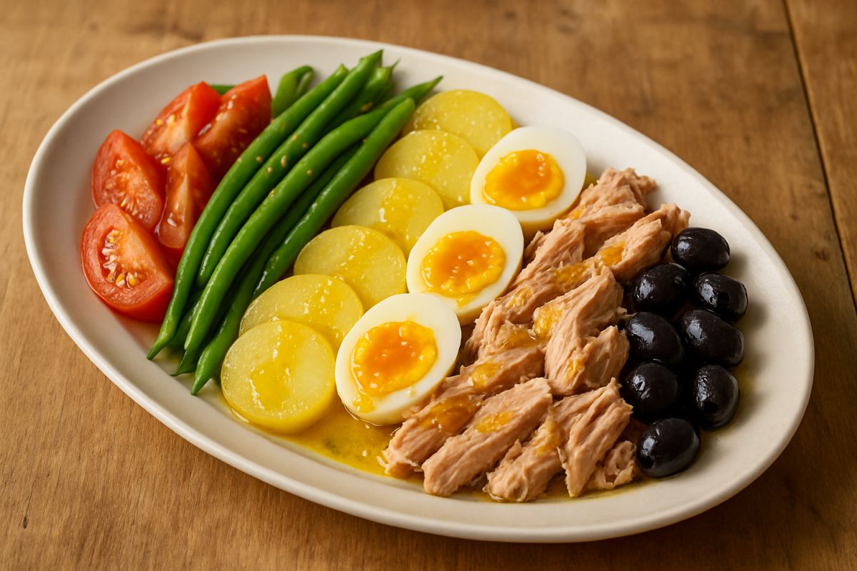 salada francesa clássica com atum, ovo cozido, vagem, batata e azeitonas em travessa branca