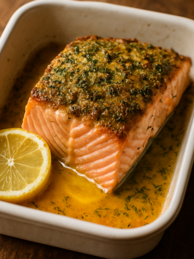 Salmão assado à provençal com crosta de ervas e manteiga de limão em travessa branca