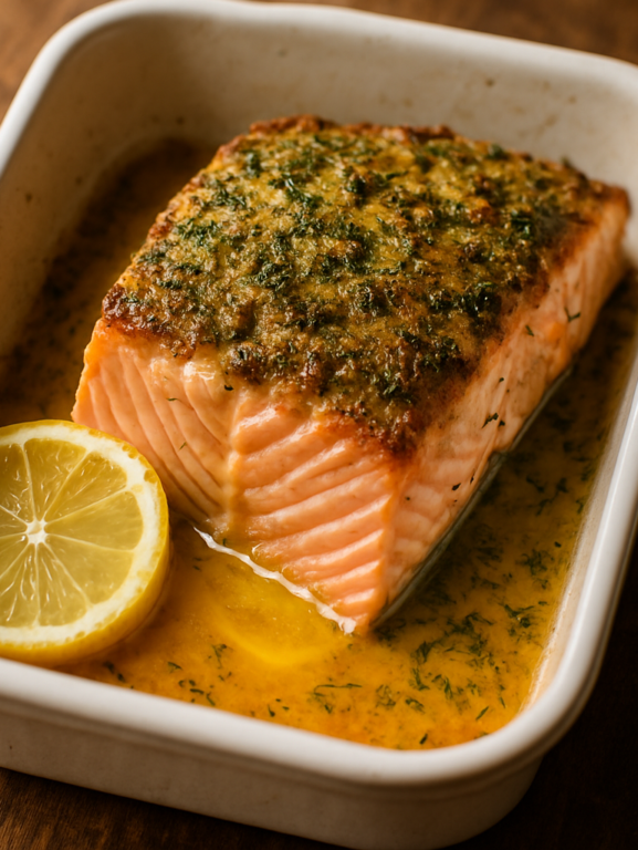 Salmão assado à provençal com crosta de ervas e manteiga de limão em travessa branca