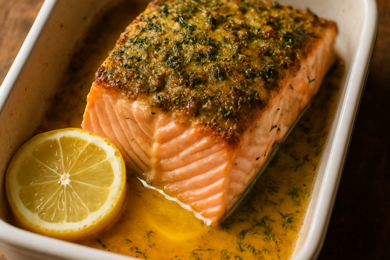 Salmão assado à provençal com crosta de ervas e manteiga de limão em travessa branca