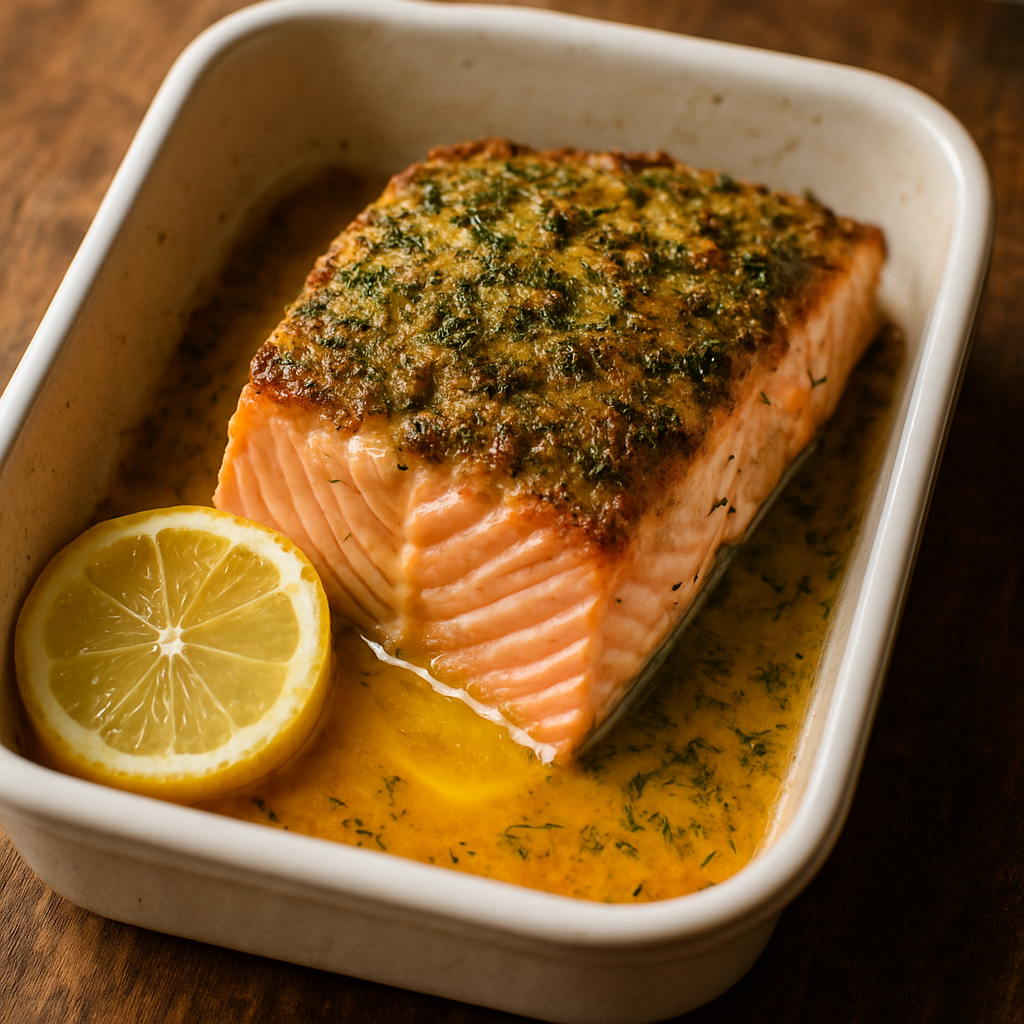 Salmão assado à provençal com crosta de ervas e manteiga de limão em travessa branca