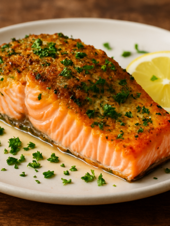 Filé de salmão assado com alho e ervas para o almoço, sem açúcar, servido em prato branco com limão