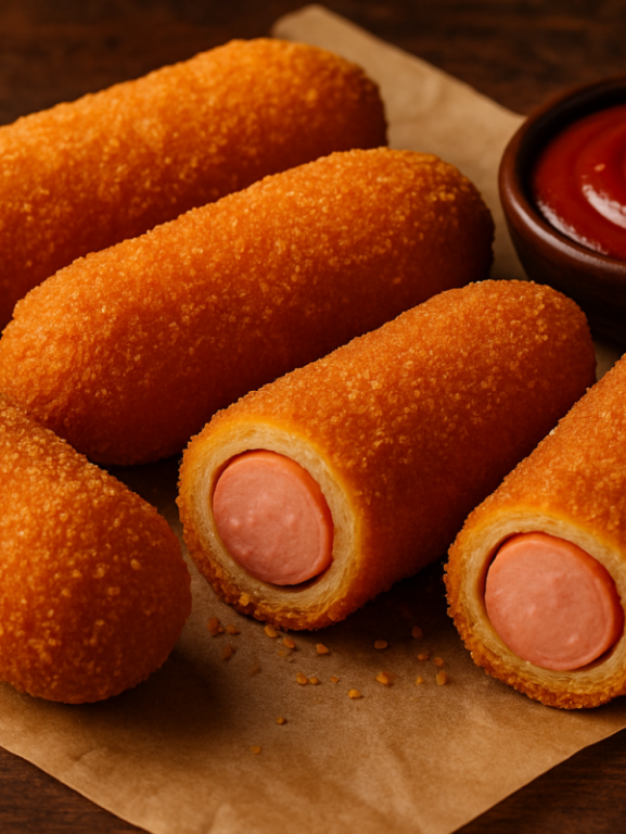 salsichas empanadas crocantes e douradas servidas com catchup, receita de lanche fácil