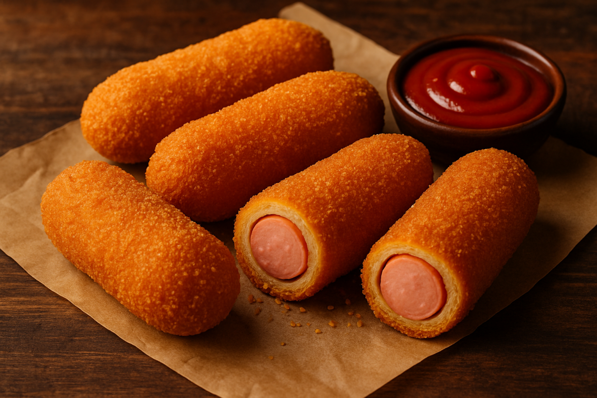 salsichas empanadas crocantes e douradas servidas com catchup, receita de lanche fácil
