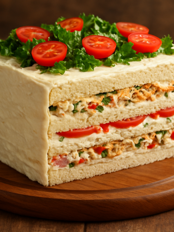 sanduichão ou torta salgada de camadas fatiado em travessa, mostrando as camadas de pasta de presunto, queijo, tomate e alface com maionese