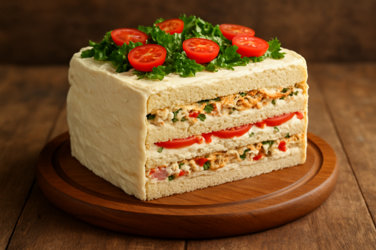 sanduichão ou torta salgada de camadas fatiado em travessa, mostrando as camadas de pasta de presunto, queijo, tomate e alface com maionese
