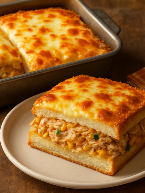 sanduíche rápido de frango desfiado gratinado com queijo mussarela dourado em assadeira