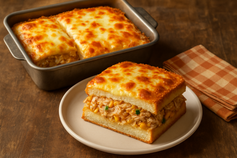 sanduíche rápido de frango desfiado gratinado com queijo mussarela dourado em assadeira