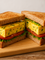 sanduíches de omelete assada com queijo e salsinha, montados com alface e tomate em pão integral