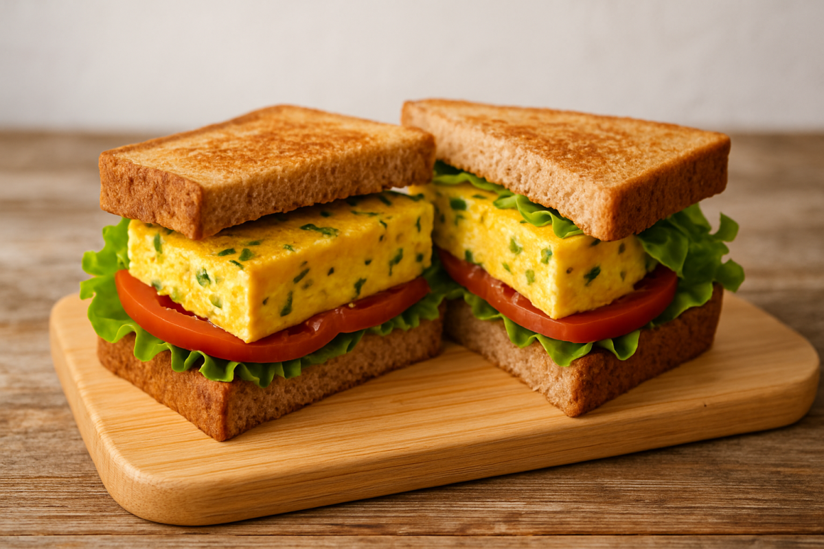 sanduíches de omelete assada com queijo e salsinha, montados com alface e tomate em pão integral