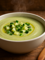 Tigela de sopa de abobrinha cremosa com cebolinha e fio de azeite servida em cerâmica branca