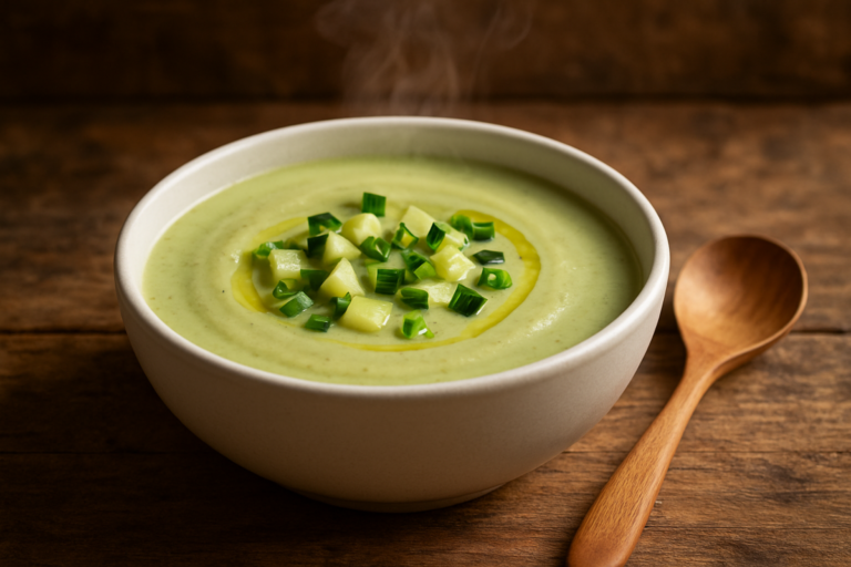 Tigela de sopa de abobrinha cremosa com cebolinha e fio de azeite servida em cerâmica branca