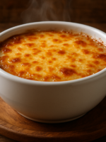 Sopa de cebola gratinada em cumbuca de cerâmica com crosta de queijo dourado e borbulhante