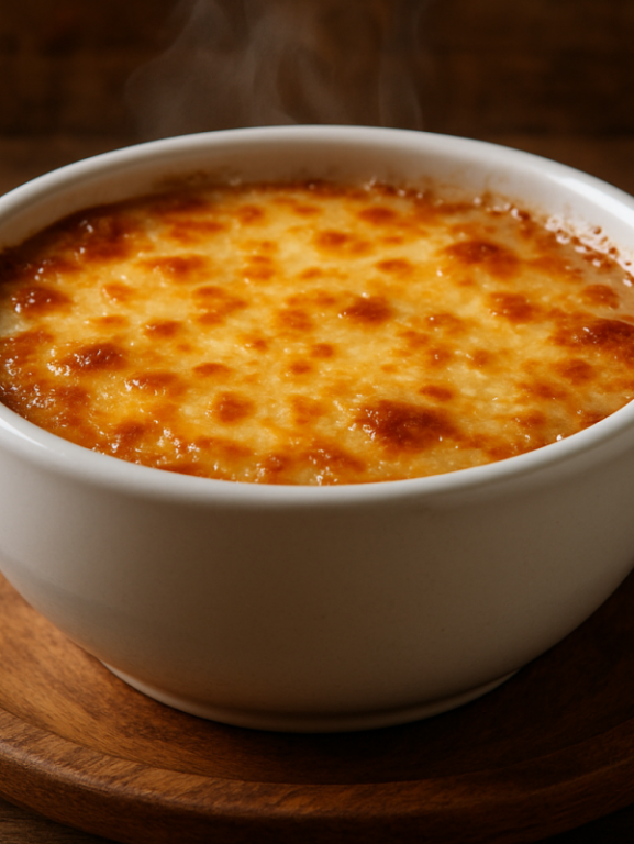 Sopa de cebola gratinada em cumbuca de cerâmica com crosta de queijo dourado e borbulhante