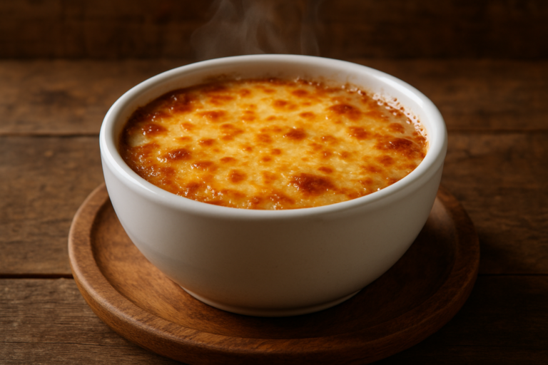 Sopa de cebola gratinada em cumbuca de cerâmica com crosta de queijo dourado e borbulhante