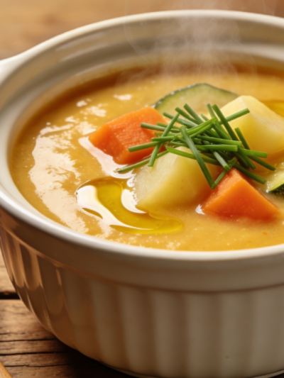 tigela com sopa de legumes caseira cremosa com cenoura, batata e salsinha verde