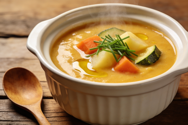 tigela com sopa de legumes caseira cremosa com cenoura, batata e salsinha verde