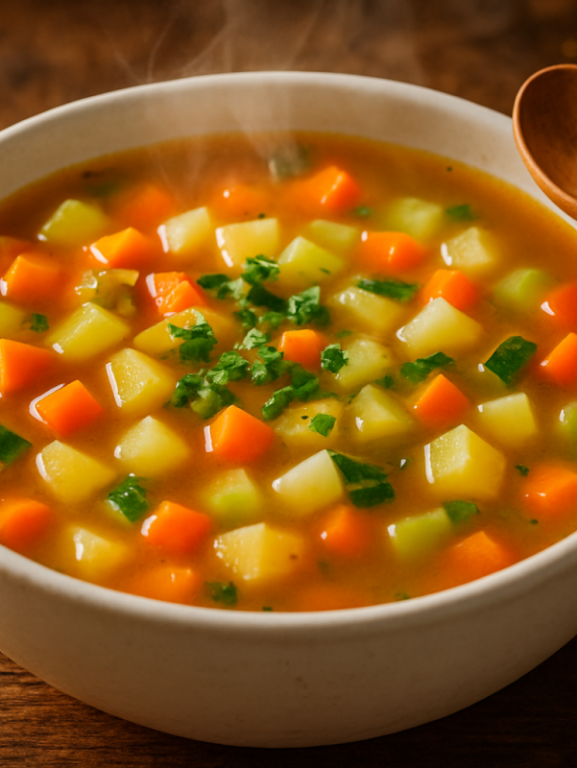Sopa de legumes caseira sem açúcar servida em tigela branca, perfeita para o jantar