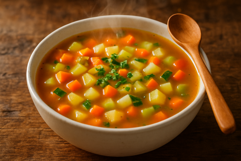 Sopa de legumes caseira sem açúcar servida em tigela branca, perfeita para o jantar